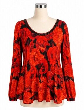 Catherines Beaded Red Floral Scoop Neck Chiffon Tunic Top Sz 2X Fairy Whimsigoth
